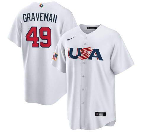 Men's USA Baseball #49 Kendall Graveman 2023 White World Baseball Classic Replica Stitched Jersey Men's USA Baseball #49 Kendall Graveman 2023 White World Baseball Classic Replica Stitched Jersey